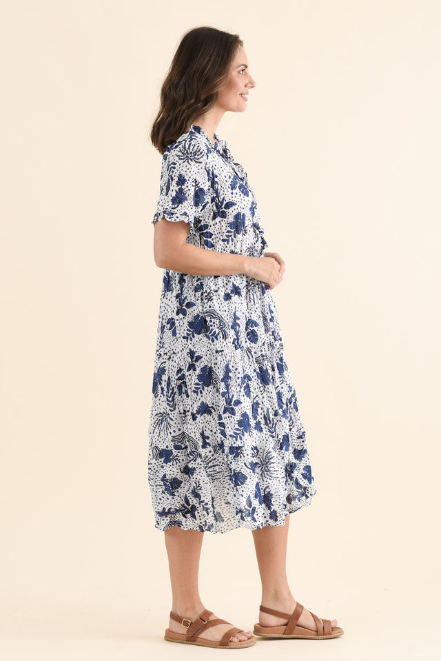 Cinder Blue Garden Crinkle Cotton Ruffle Dress,Side,Brunette model,alt text|model:MJ image 3
