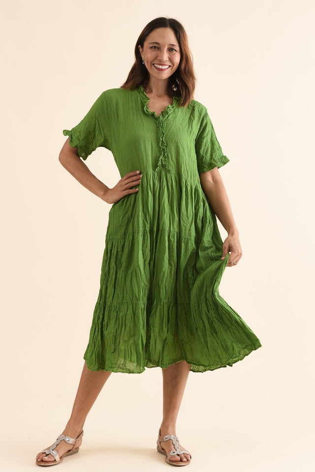 Cinder Fern Green Crinkle Cotton Ruffle Dress,Front,Brunette model,alt text|model:Cara image 1