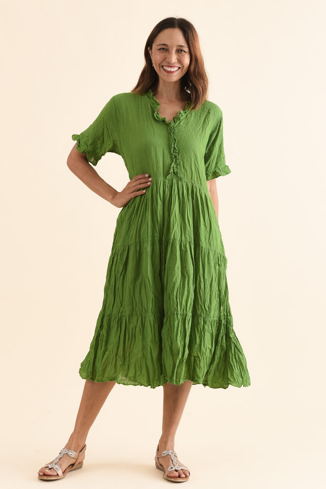 Cinder Fern Green Crinkle Cotton Ruffle Dress,Full Body,Brunette model,alt text|model:Cara image 6