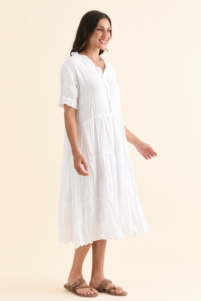 Cinder White Crinkle Cotton Ruffle Dress,Side,Brunette model,alt text|model:Brontie image 3