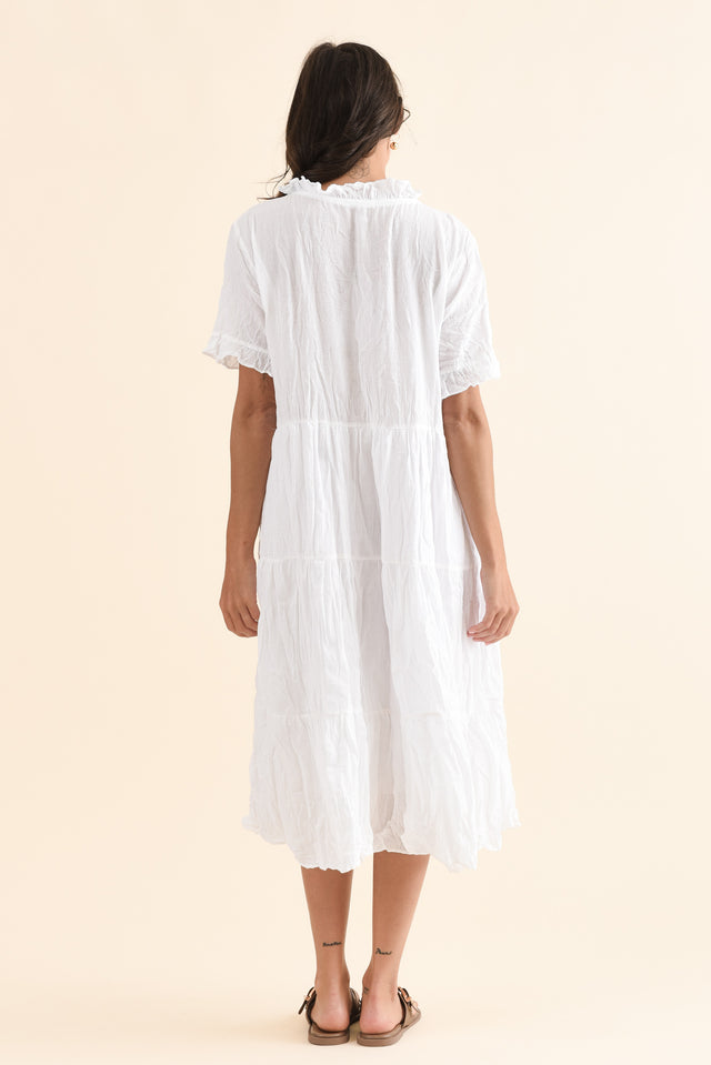 Cinder White Crinkle Cotton Ruffle Dress,Back,Brunette model,alt text|model:Brontie image 4