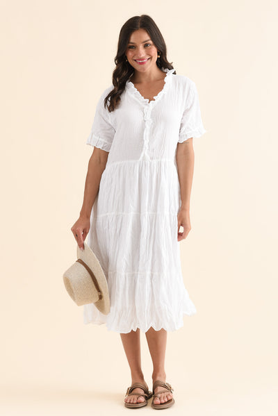 Cinder White Crinkle Cotton Ruffle Dress