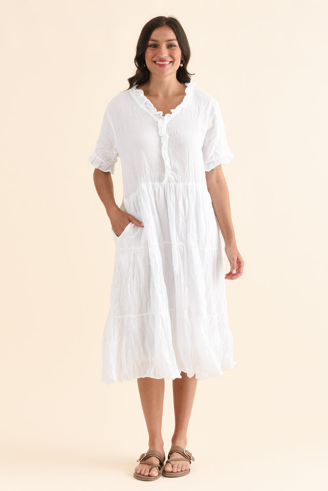 Cinder White Crinkle Cotton Ruffle Dress,Full Body,Brunette model,alt text|model:Brontie image 2
