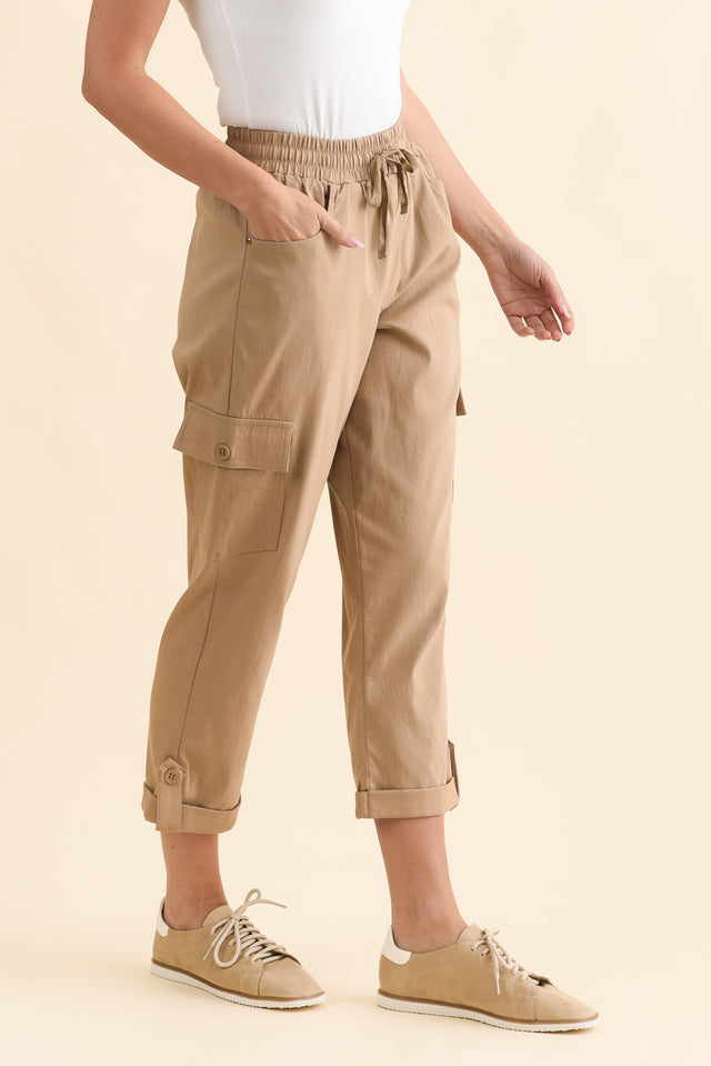 Cindy Beige Denim Cargo Pants,Brunette model,alt text|model:MJ image 3