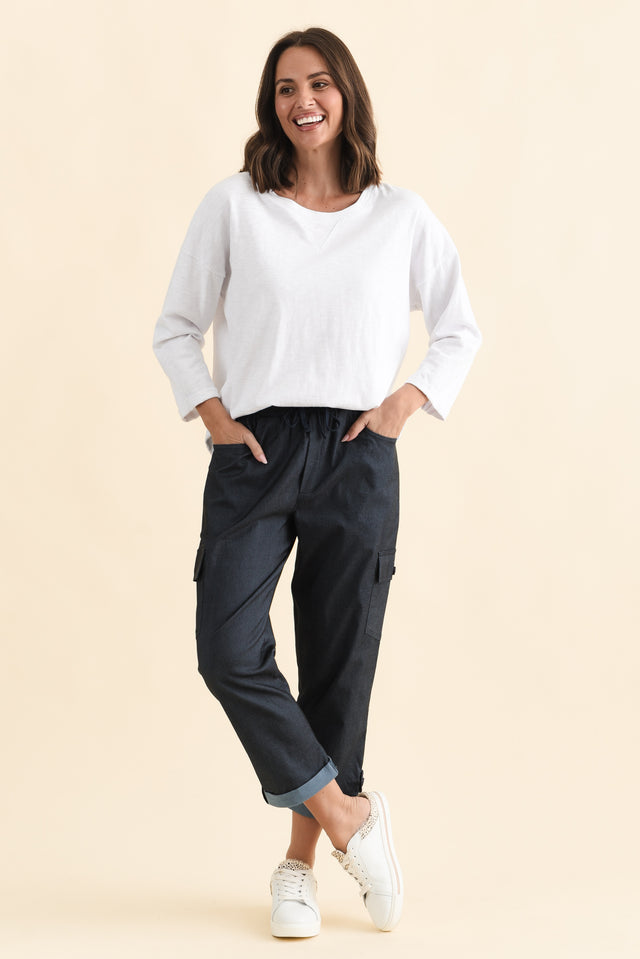 Cindy Dark Blue Denim Cargo Pants,Brunette model,alt text|model:MJ image 6