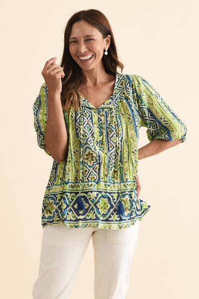 Claris Blue Abstract Crinkle Cotton Top