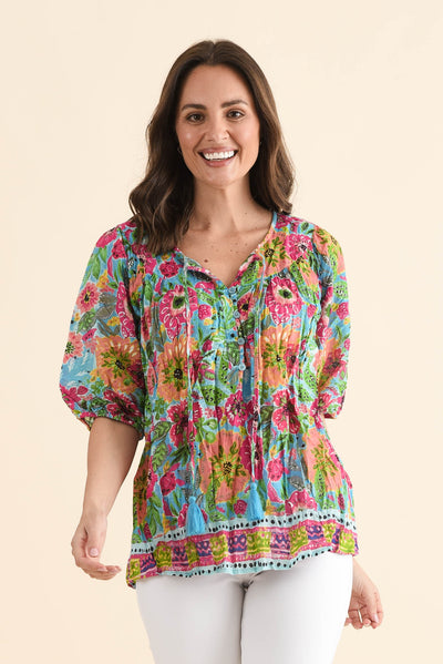Claris Blue Flower Crinkle Cotton Top