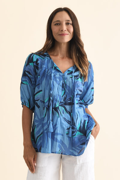 Claris Blue Leaf Crinkle Cotton Top