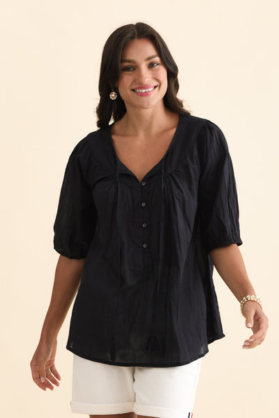 Claris Navy Crinkle Cotton Top