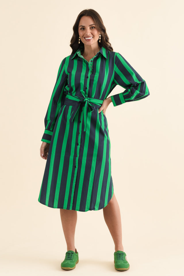 Claude Green Stripe Cotton Poplin Dress,brunette model,Full Outfit,alt text|model:MJ image 2