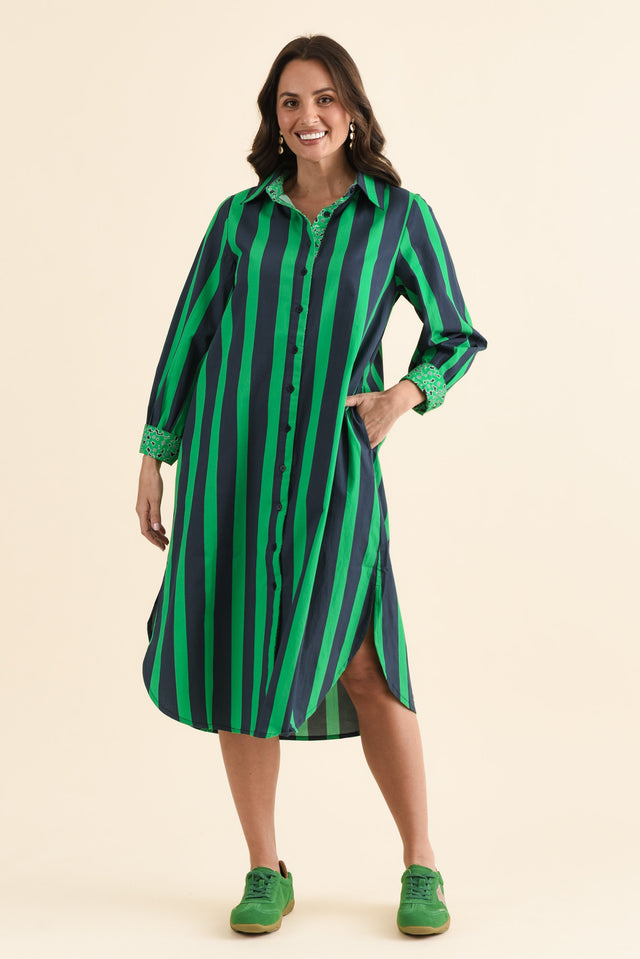 Claude Green Stripe Cotton Poplin Dress,brunette model,Front of Outfit,alt text|model:MJ image 1