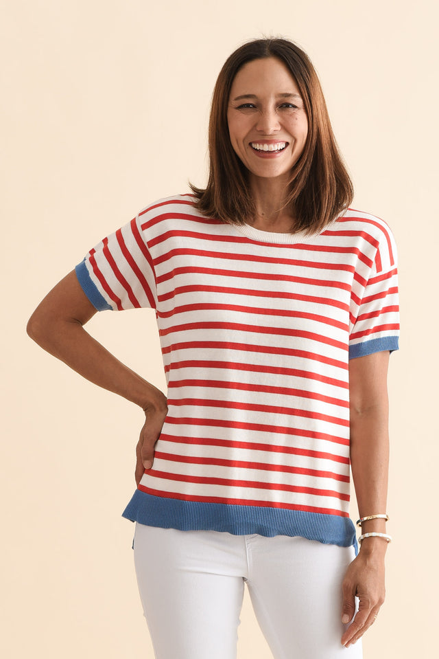 Clementine Red Stripe Cotton Knit Top,Front,Brunette model,alt text|model:Cara image 1