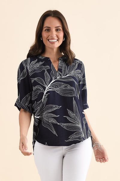 Clements Navy Leaf V Neck Top