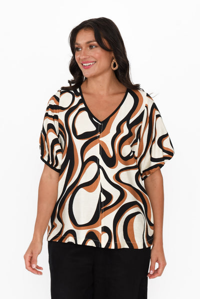 Cleo Brown Swirl V Neck Top