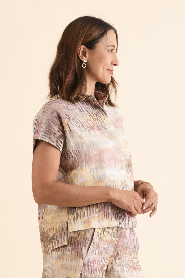 Clover Yellow Abstract Linen Shirt,Side,Brunette model,alt text|model:Cara image 3