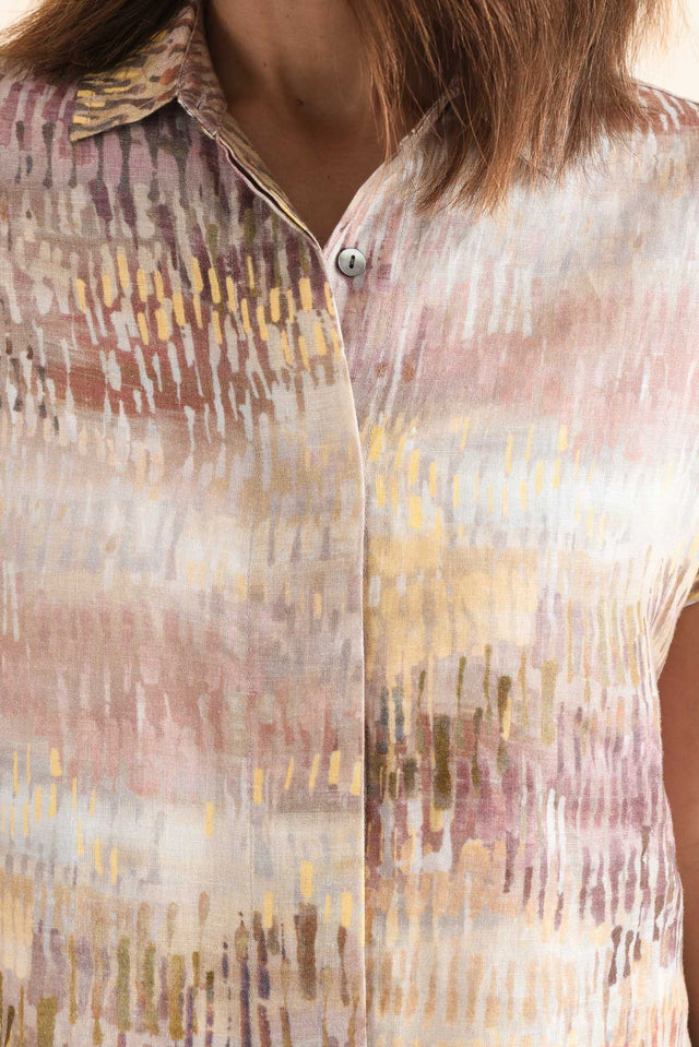 Clover Yellow Abstract Linen Shirt,Detail,Brunette model,alt text|model:Cara image 5