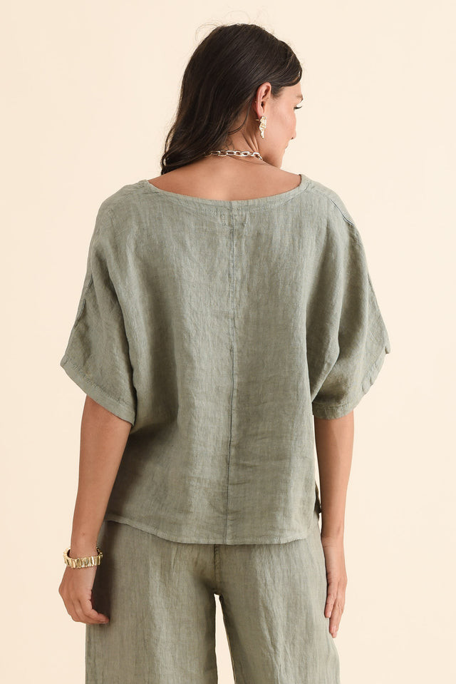 Coan Khaki Linen Trim Top,Back,Brunette model,alt text|model:Brontie image 4