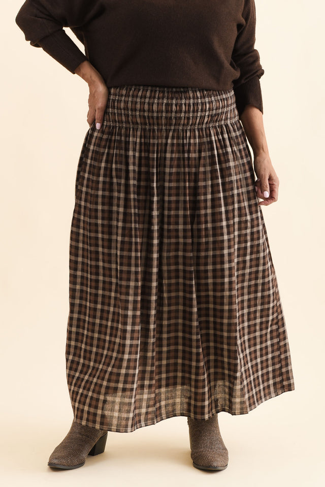 Coco Chocolate Check Cotton Skirt,Front,Brunette model,alt text|model:Pilita