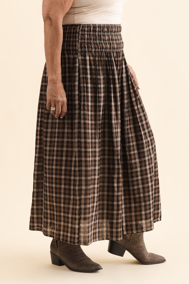 Coco Chocolate Check Cotton Skirt,Side,Brunette model,alt text|model:Pilita image 3