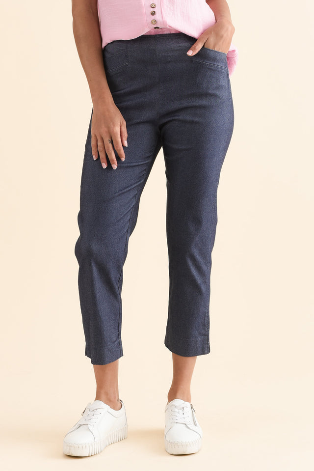 Cody Blue Denim Stretch Capri Pants,Front,Brunette model,alt text|model:Brontie