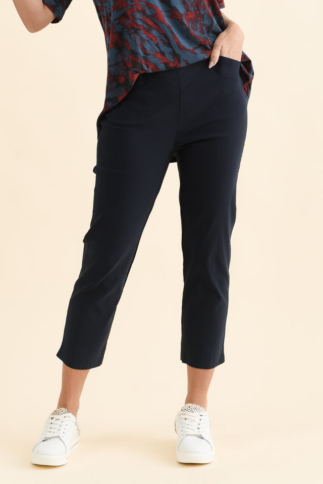 Cody Navy Stretch Capri Pants,Brunette model,alt text|model:MJ