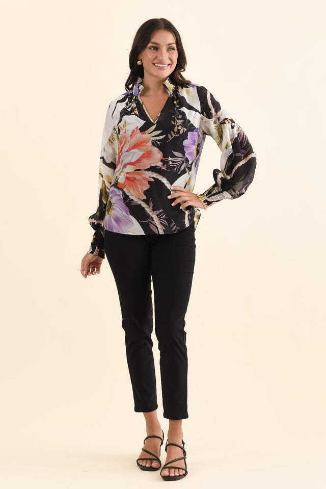 Colette Black Floral Cotton Silk Blouse,Brunette model,alt text|model:Brontie image 7