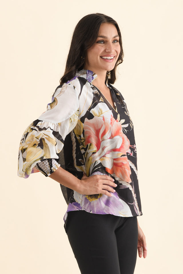 Colette Black Floral Cotton Silk Blouse,Brunette model,alt text|model:Brontie image 4