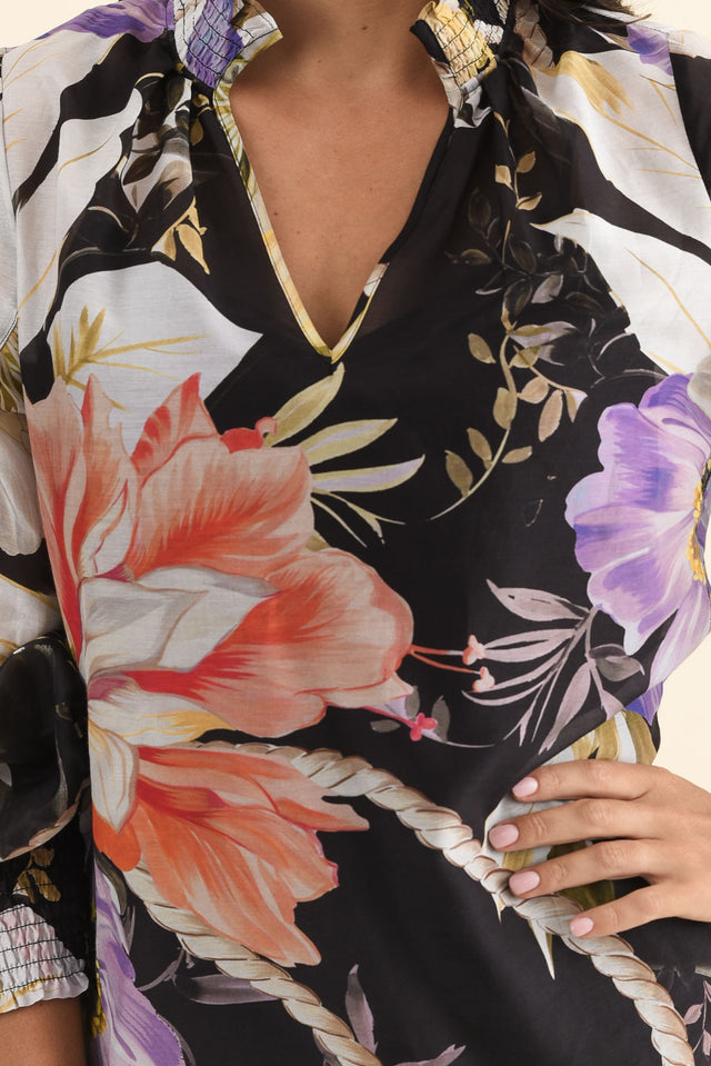 Colette Black Floral Cotton Silk Blouse,Brunette model,alt text|model:Brontie image 6