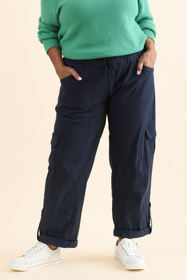 Colette Navy Cargo Pants,Front,Brunette model,alt text|model:Pilita image 10