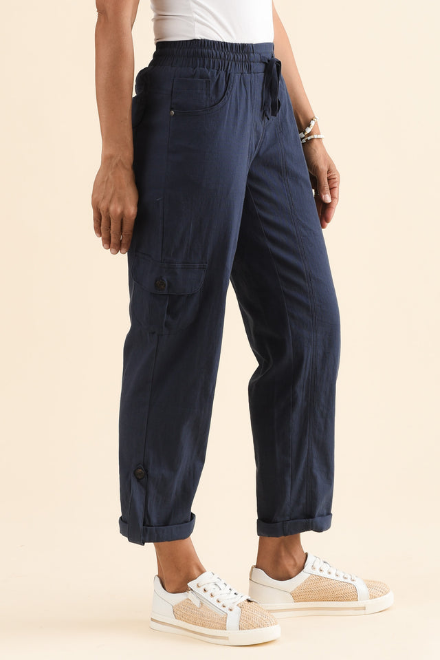 Colette Navy Cargo Pants,Side,Brunette model,alt text|model:Cara image 6