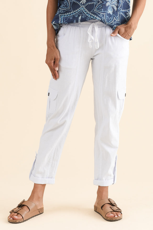 Colette White Cargo Pants,Front,Brunette model,alt text|model:Cara