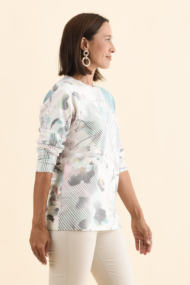 Constance Blue Abstract Crew Sweatshirt,Brunette model,alt text|model:Cara image 4