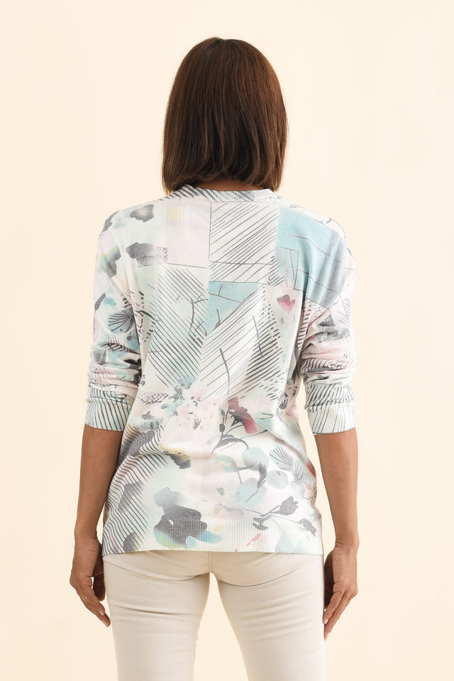 Constance Blue Abstract Crew Sweatshirt,Brunette model,alt text|model:Cara image 5