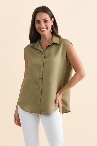 Corbin Khaki Linen Blend Button Top