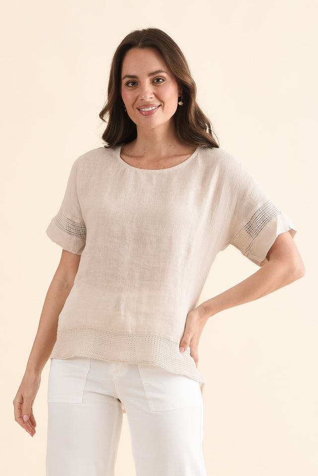 Corinna Natural Linen Top,Front,Brunette model,alt text|model:MJ