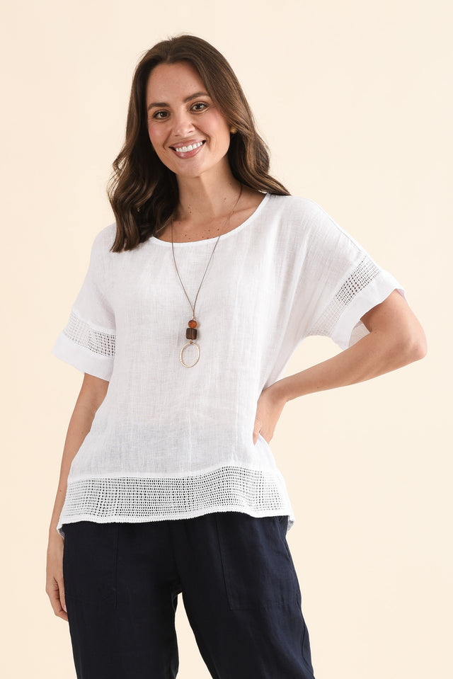 Corinna White Linen Top,Front,Brunette model,alt text|model:MJ image 1