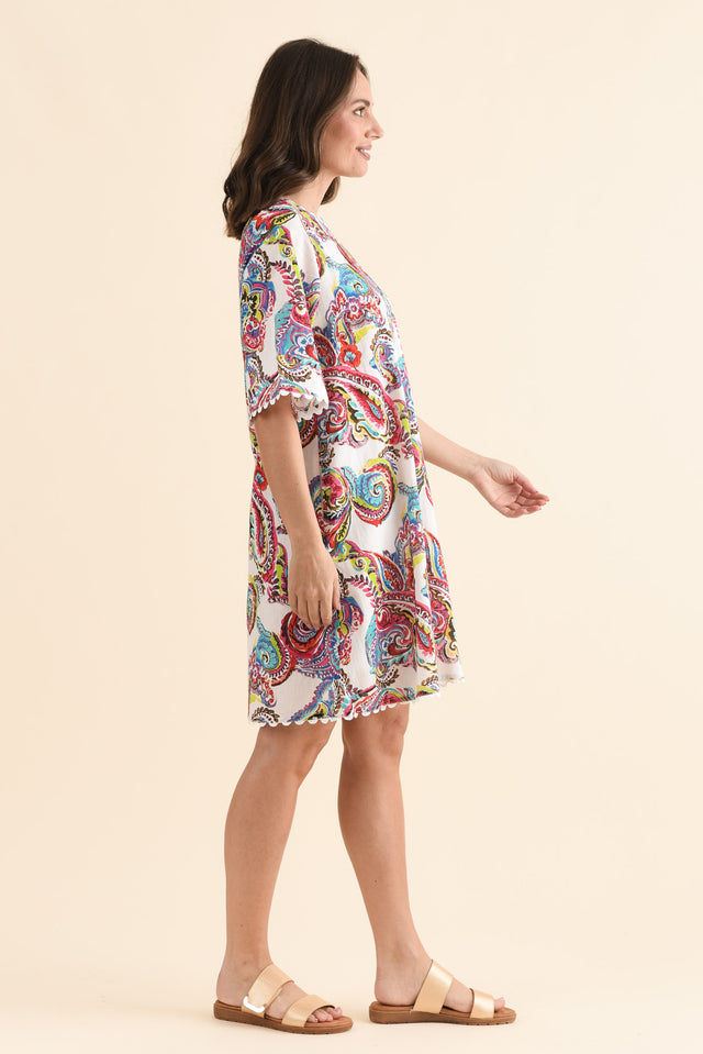Cortina White Paisley Cotton Dress,Side,Brunette model,alt text|model:MJ image 3