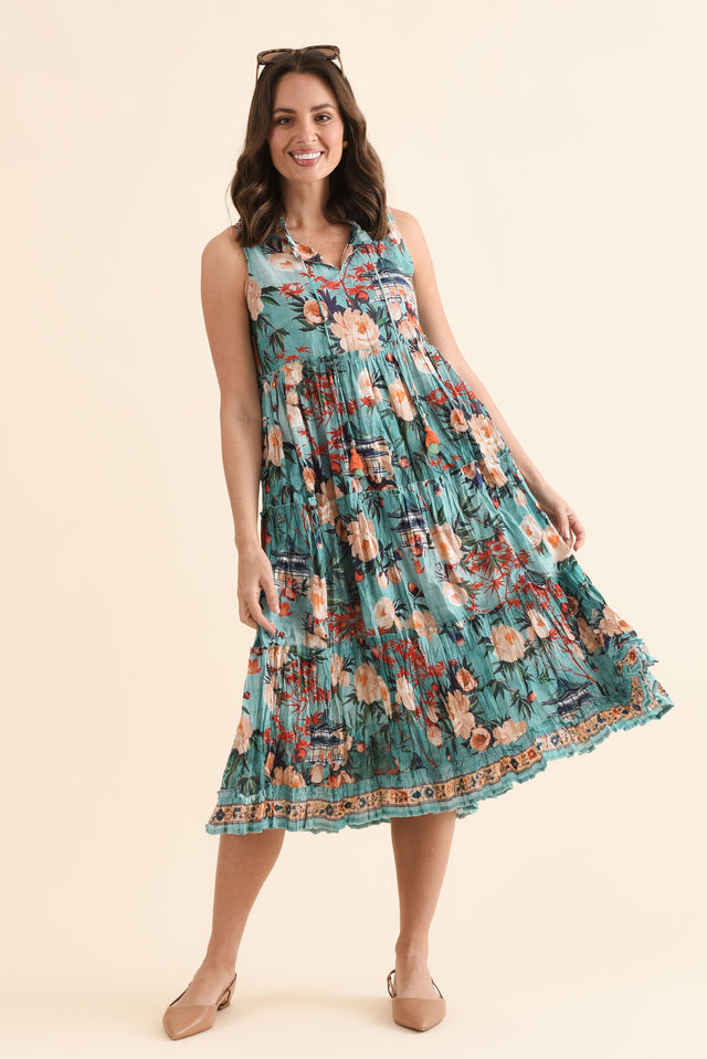 Cosita Light Blue Garden Cotton Pocket Dress,Front,Brunette model,alt text|model:MJ