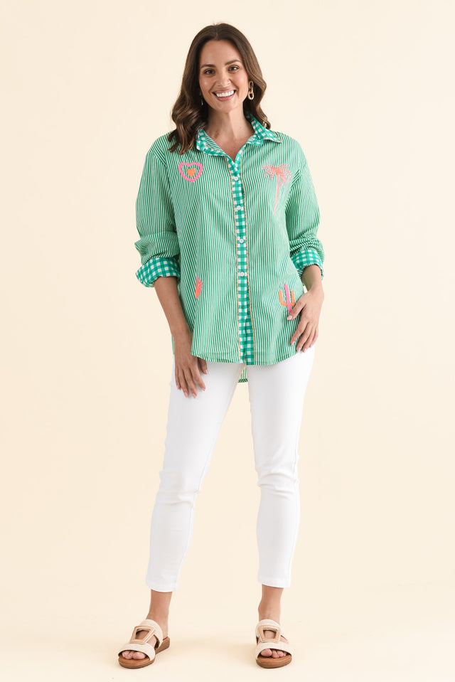 Costina Green Western Cotton Embroidered Shirt,Full Body,Brunette model,alt text|model:MJ image 2