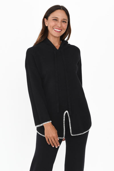 Cosy Black Contrast Hooded Knit Jumper