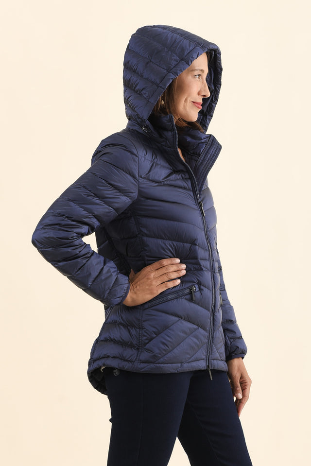 Cushla Navy Down Puffer Jacket,Brunette model,alt text|model:Cara image 4