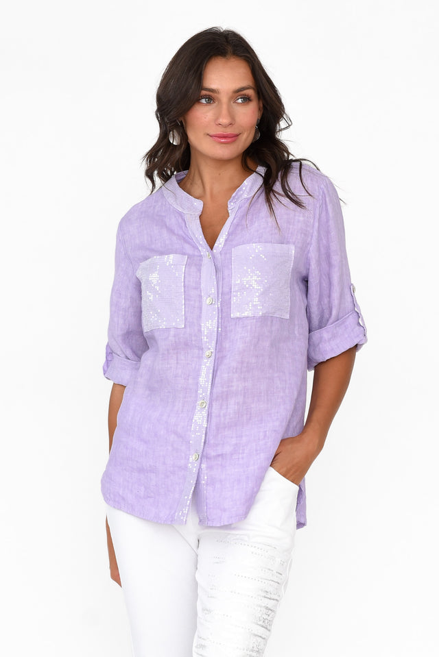 Morrigan Lilac Linen Sequin Shirt neckline_V Neck