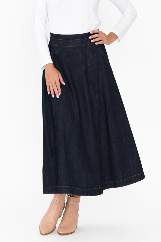 Dakota Dark Denim Skirt length_Midi print_Plain hem_Straight colour_Navy SKIRTS  alt text|model:Brontie;wearing:S