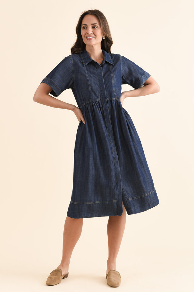 Daley Dark Blue Denim Shirt Dress,Full Body,Brunette model,alt text|model:MJ image 6