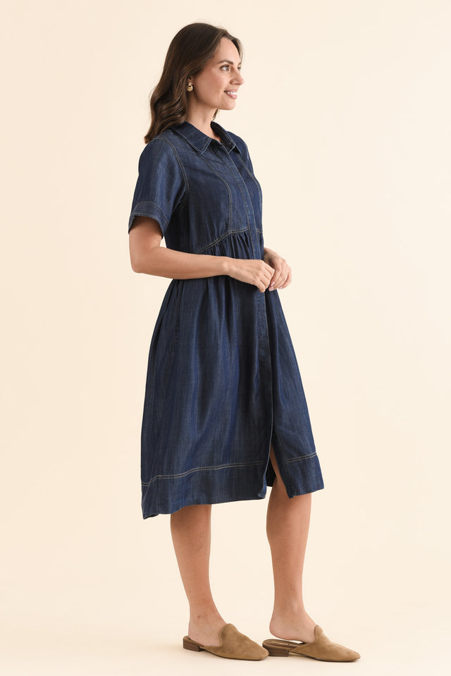 Daley Dark Blue Denim Shirt Dress,Side,Brunette model,alt text|model:MJ image 3