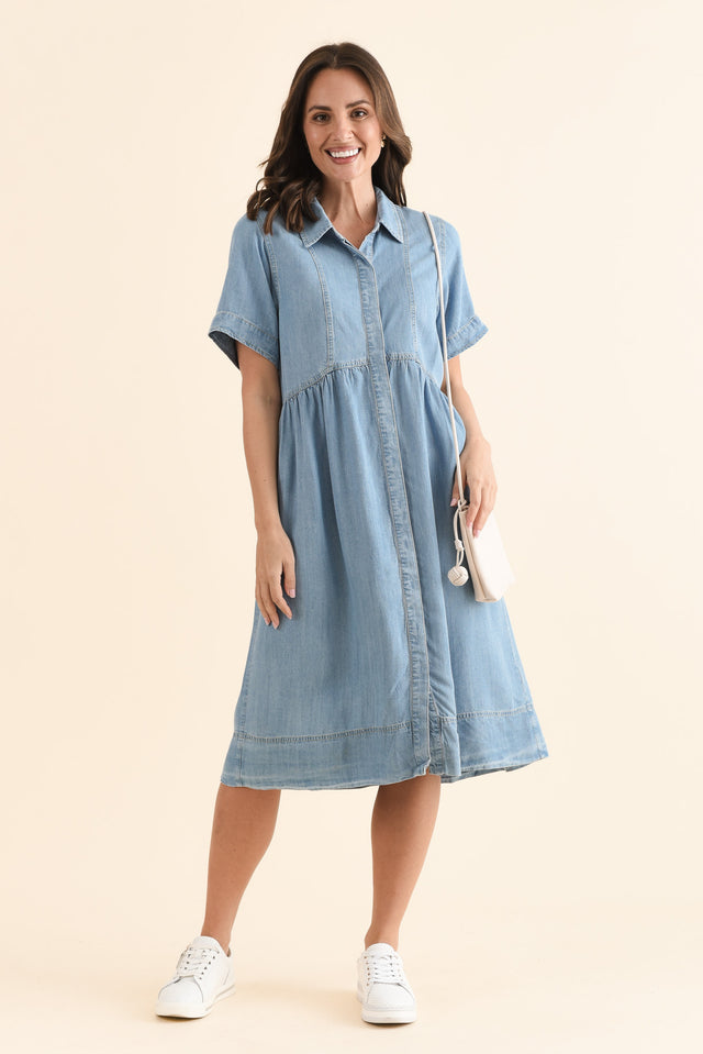 Daley Light Blue Denim Shirt Dress,Front,Brunette model,alt text|model:MJ image 1
