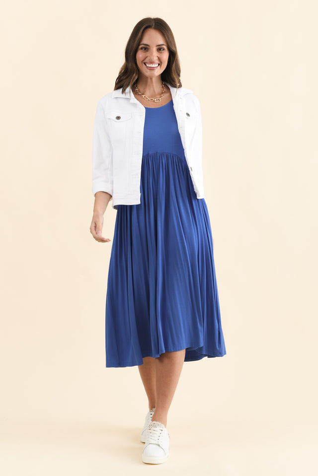 Dalton Cobalt Crescent Dress,Brunette model,alt text|model:MJ