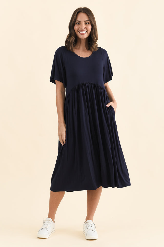 Dalton Navy Crescent Dress,Brunette model,alt text|model:MJ image 4