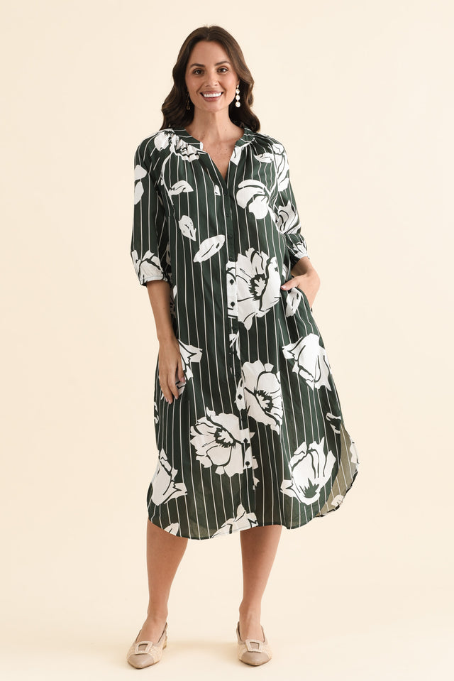 Damani Green Floral Stripe Pocket Dress,brunette model,Full Outfit,alt text|model:MJ image 2