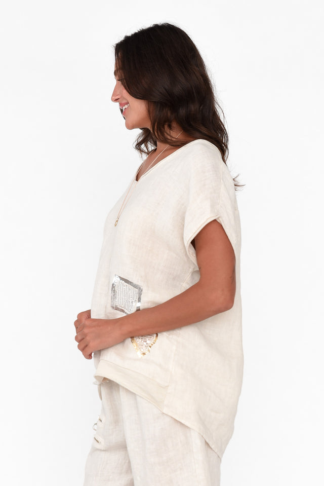 Damaris Beige Sequin Linen Top